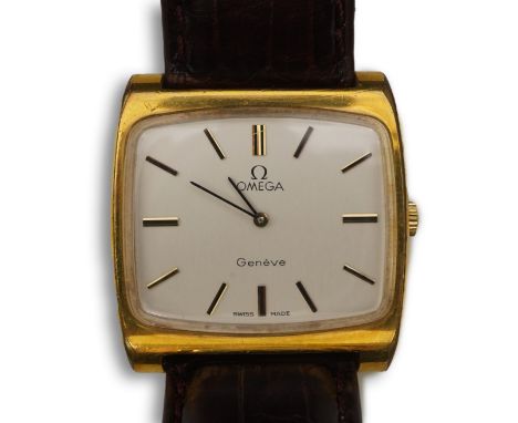 A gentleman's 1970's? steel and gold plated Omega manual wind dress wrist watch, on a later associated leather strap, with sh