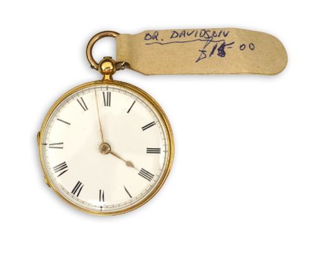 A Victorian engine turned 18ct gold open faced key wind fob watch, with Roman dial, no key, case diameter 41mm, gross weight 