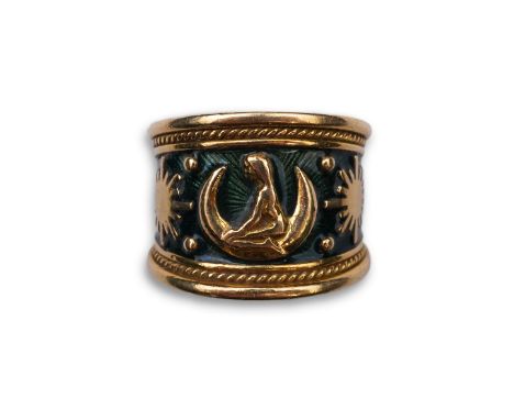 Elizabeth Gage, an enamel zodiac 'Virgo' ring, circa 1990, the wide tapering band applied with green basse-taille enamel, dep
