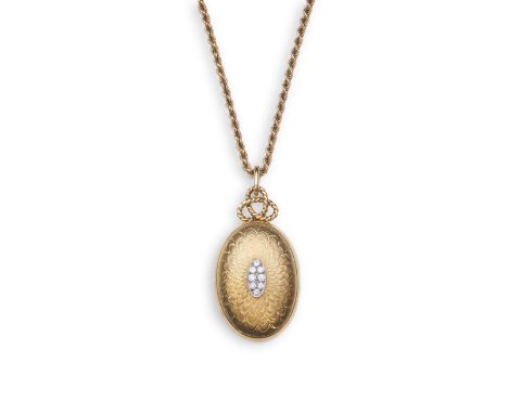 Cartier, an 18ct gold and diamond locket pendant, 1978, the oval locket with engine turned decoration to the front panel and 