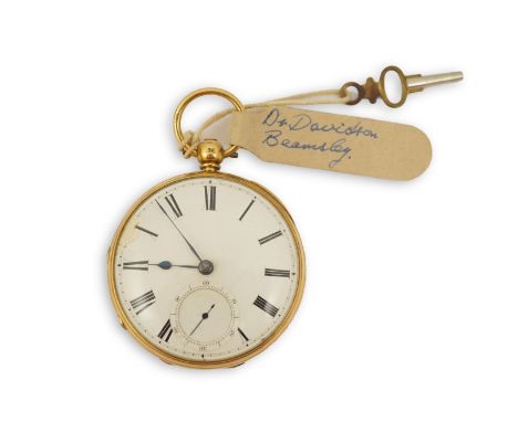 A Victorian engine turned 18ct gold open faced key wind pocket watch, with Roman dial and subsidiary seconds, case diameter 5