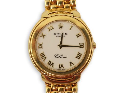 A gentleman's 1990's 18ct gold Rolex Cellini quartz dress wrist watch, on an 18ct gold Rolex brick link bracelet, with deploy