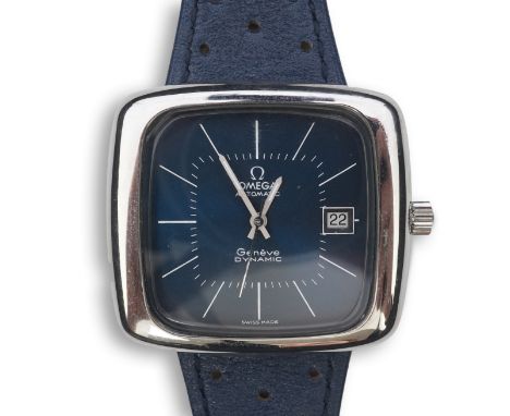 A gentleman's 1970's stainless steel Omega Automatic Dynamic wrist watch, on a later associated leather strap, with iridescen
