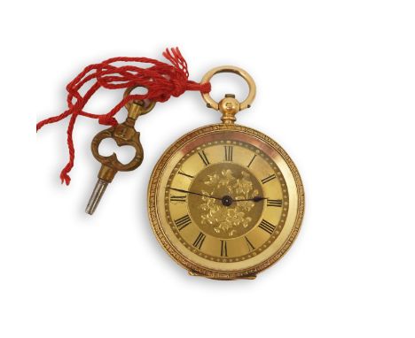An early 20th century continental engraved 18k gold open faced fob watch, with Roman dial and gilt metal cuvette, case diamet