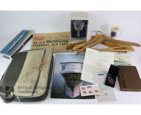 Box of QEI and QEII and The Queen Mary memorabilia, including an ice-bucket and coat hangers, menu's, RMS Queen Elizabeth II 