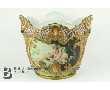 Ceramic jardiniere, in the Victorian style, decorated with putti, approx 30 cms