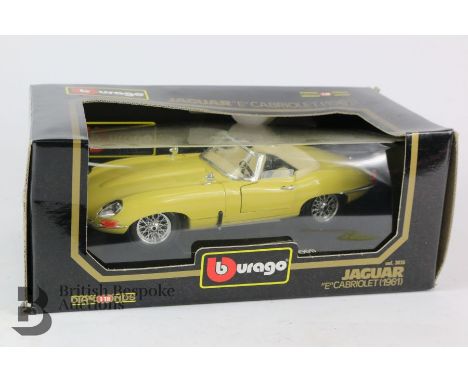 Die cast Burago 1/18 scale Jaguar 'E' Cabriolet, primrose finish, in the original box.