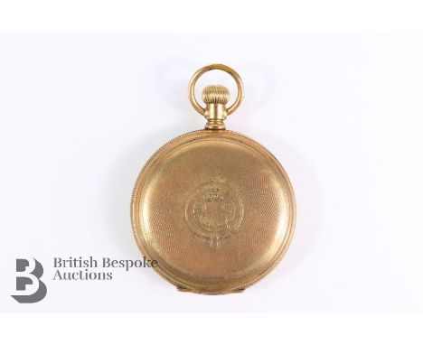 Elgin gold plated full hunter pocket watch. The watch having a white enamel face with Roman dial and subsidiary second dial, 