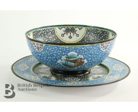 Persian&nbsp;Meenakari (Persian: میناکاری)&nbsp;enamel bowl and saucer, a turquoise ground with scrolling arabesque with yell