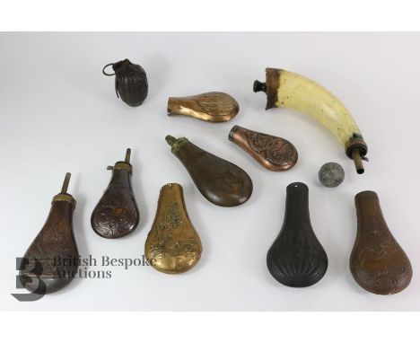 Miscellaneous copper powder flasks, three intact, five are without the powder measures, together with a cows horn flask appro