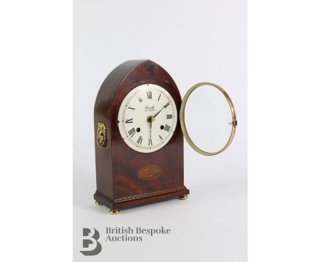 Comitti mantel clock, ivory-coloured face with Roman dial, mahogany case with decorative shell inlay, approx 27 cms h.&nbsp;