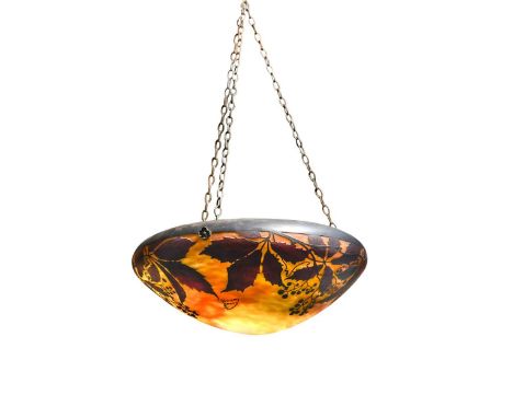 A Daum Nancy cameo glass 'Wild Vine' plafonnier, the mottled and frosted orange body overlaid and acid-etched in shallow reli