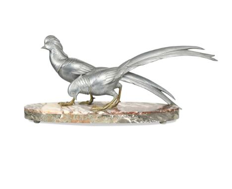 A large French Art Deco silvered spelter model of two pheasants by Guislain, circa 1930s,  each modelled in standing pose, ra