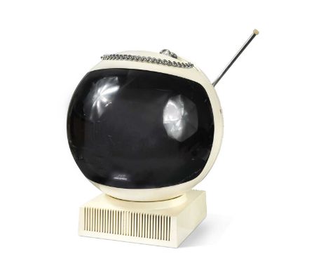 A JVC Videosphere television, circa mid-1970s, with a white plastic body, chain for hanging and original stand35cm high with 