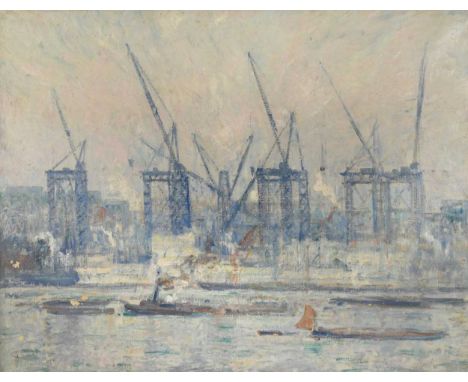 § Pierre Paulus (1881-1959) A river and dock scene with tug boats and derricks, probably the Thames docksindistinctly signed 