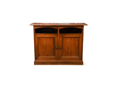 A Liberty & Co. walnut side cabinet,  the red lustre tiled top possibly William De Morgan, above a pair of arch-topped open s