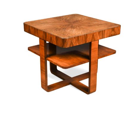 An Art Deco walnut two-tier occasional table,  the square tiers with rounded corners raised on rectangular section supports a