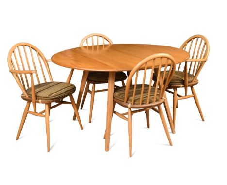 An Ercol elm 'Windsor' drop-flap dining table and four chairs, two of the stickback chairs with arms72 x 65cm - 123 x 113cmA 