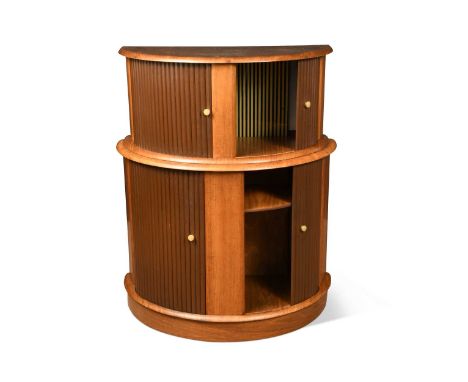 An Art Deco tambour fronted walnut cocktail cabinet of small proportions, the top section with gilt and black glass back90 x 