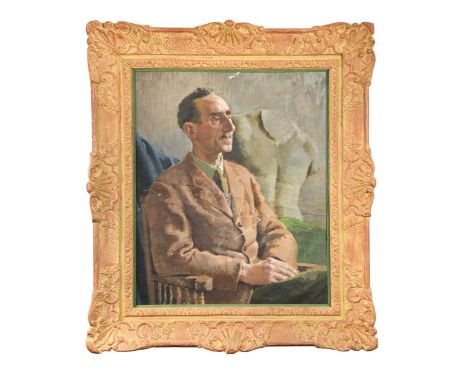 British School, 20th century, Portrait of a Cambridge art teacher in his studiooil on canvas58.5 x 48cm