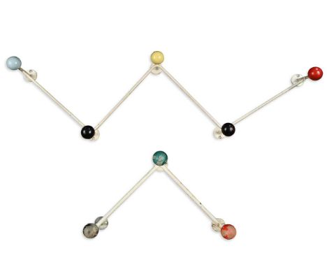 Two mid-century Atomic/Sputnik coat hooks,  one 'W'-shaped with five hooks of varying colours, the other 'V'-shaped with thre