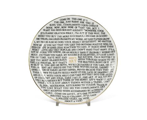 Sir Grayson Perry CBE, RA (1960-), a '100% Art' plate, 2020, developed for the Holburne Museum, in collaboration with Kit Gro