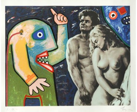 § Enrico Baj (1924-2003) Adam and Eve, 1986signed 'Baj' (lower right); lithograph and collage68 x 83cm 