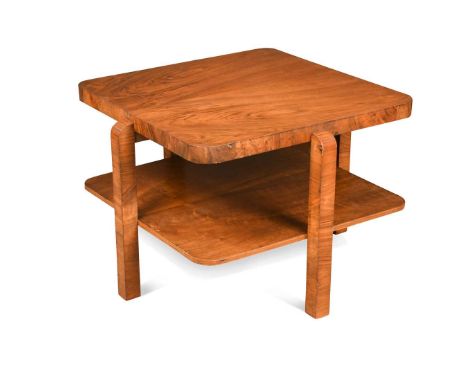 An Art Deco two-tier walnut coffee table the rounded square tiers on square section legs46 x 68 x 68cmSome movement in the ta