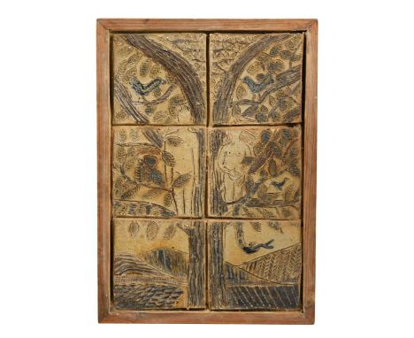 A blue and brown glazed sgrafitto decorated tile plaque, depicting Adam and Eve standing in the Tree of Life, with serpent, b