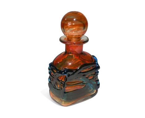 A Mdina glass decanter and stopper, the amber glass body embellished with applied trails of turquoise glass filament, etched 