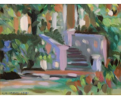 § Irene Lesley Main (1959-) The Garden of the Mount Nelson, Cape Townsigned and dated 'I L MAIN, 1991' (lower left)oil on boa