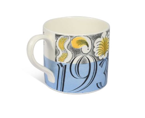 Eric Ravilious for Wedgwood, an Edward VIII commemorative coronation mug, 1937, printed in black over blue banding with the d