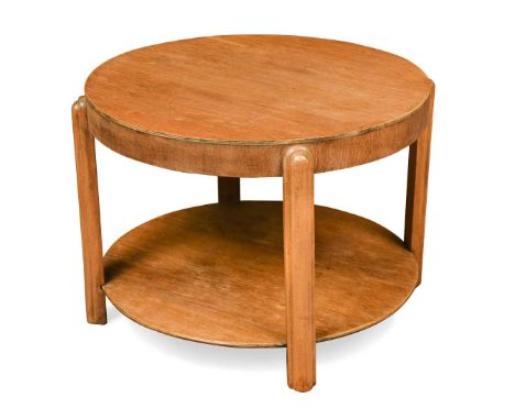 An Art Deco period pale oak lamp table, the circular top raised on four fluted supports and under-tier below42 x 57 diameteri