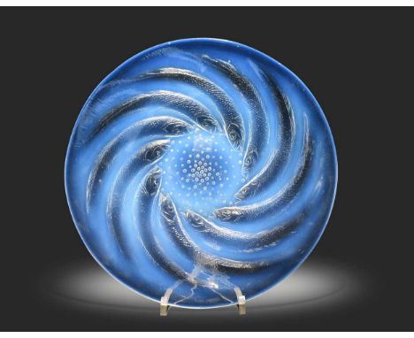Poissons, an R. Lalique opalescent shallow glass dish, model 3263, relief moulded with a repeating pattern of swirling sardin