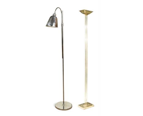 A contemporary Italian brass uplighter in the Modernist style, the rake-adjustable lamp raised on two slender brass uprights 