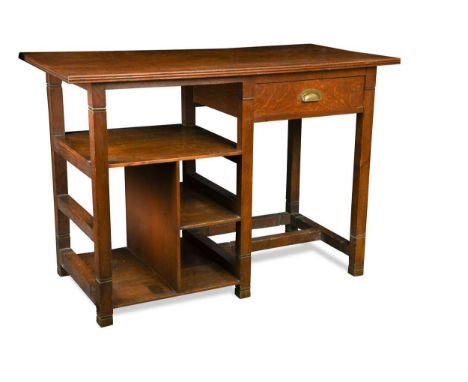 An Arts & Crafts oak desk by Rogers of Paradise Square, Oxford circa 1910,  with single drawer and an arrangement of bookshel