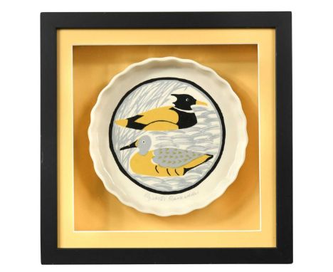 Dame Elizabeth Blackadder DBE, RA,FRSA, Ducks on a Pond, a framed ironstone ceramic flan dish, of circular form and printed w