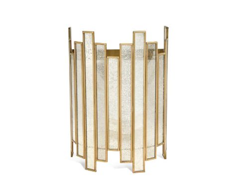 A set of four brass and mirrored glass wall light shades, each of demi-lune form with aged mirror glass 30 x 21.5 x 11.5cm