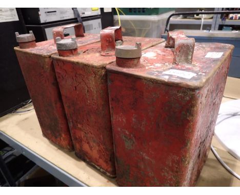 Three vintage shell motor and BP fuel cans with brass lids. Not available for in-house P&amp;P, contact Paul O'Hea at Mailbox