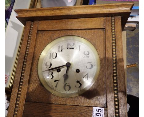 Oak cased chiming wall clock with broken glass. Not available for in-house P&amp;P, contact Paul O'Hea at Mailboxes on 01925 