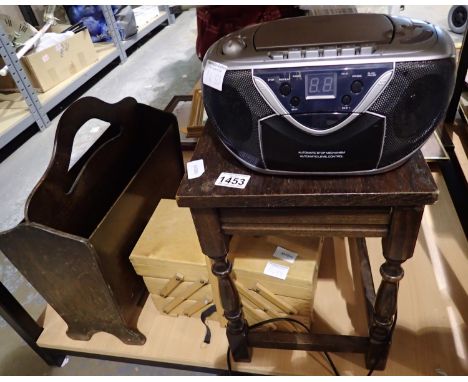 Small oak table, a cantilever sewing box (with contents) and a radio CD cassette player and magazine rack. Not available for 