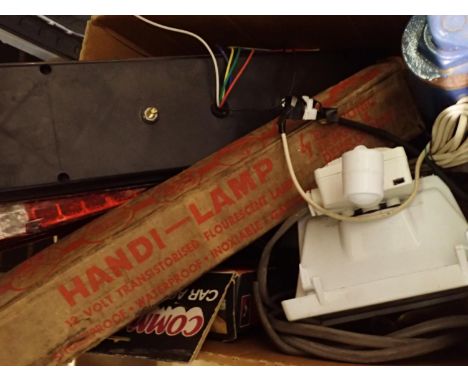 Box containing LED trailer lights car jack, tuner analyser, security light etc. Not available for in-house P&amp;P, contact P