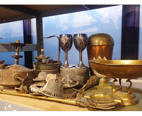 Shelf of mixed copper and brass items. Not available for in-house P&amp;P, contact Paul O'Hea at Mailboxes on 01925 659133 