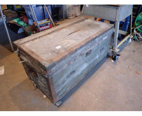 Metal bound large wooden trunk marked E.C. Not available for in-house P&amp;P, contact Paul O'Hea at Mailboxes on 01925 65913