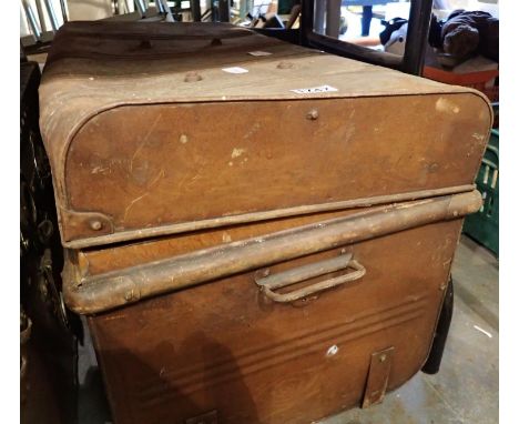Metal trunk with twin handles. Both handles present, opens and closes fine, slight bend to front. Not available for in-house 