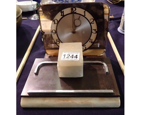 Smiths Art Deco electric clock and alabaster based inkwell. Clock not working, no cracks or chips but mirror damaged/worn to 
