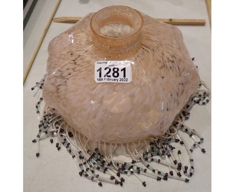 Vintage glass dome light shade in pink with tassels, W: 21 cm. Not available for in-house P&amp;P, contact Paul O'Hea at Mail