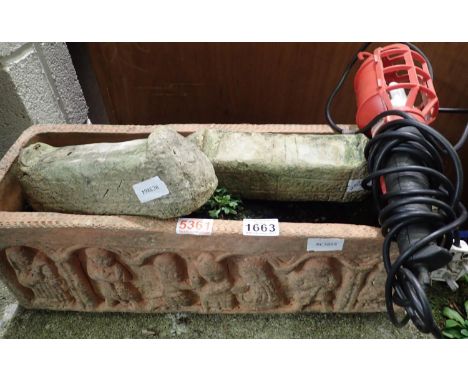Stone trough planter with two stands, 55 x 20 x 25 cm H. Not available for in-house P&amp;P, contact Paul O'Hea at Mailboxes 