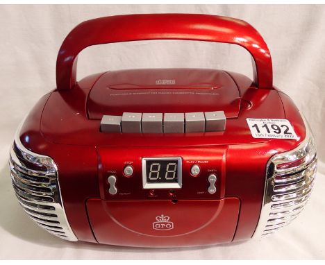 Red, GPO PCD299 3-in-1 FM/AM Radio, CD and Cassette player; boxed. P&amp;P Group 2 (£18+VAT for the first lot and £3+VAT for 