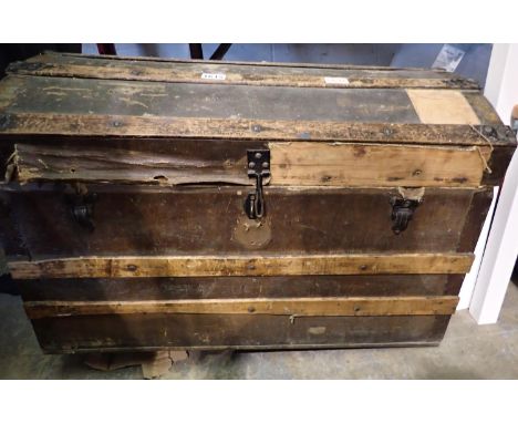 Woodbound dome top trunk, damaged. Not available for in-house P&amp;P, contact Paul O'Hea at Mailboxes on 01925 659133 